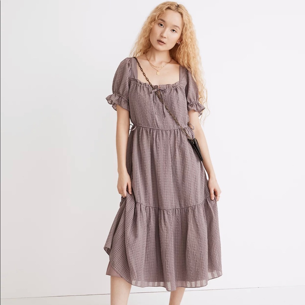 NWT MADEWELL Square-Neck Tiered Midi Dress in Textured Seersucker